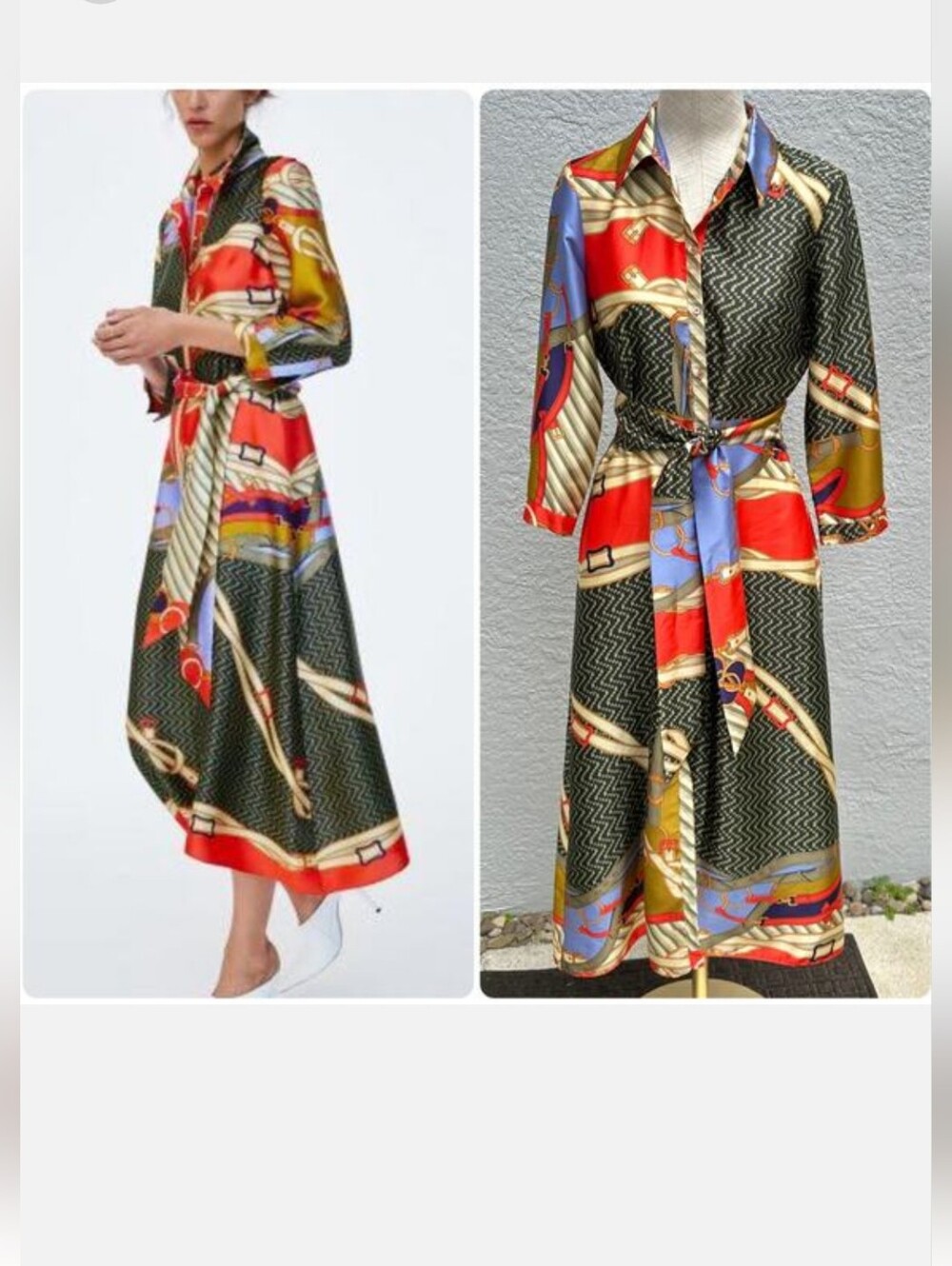 Zara Multicolor Printed Satin Shirt Dress - Red, Blue, Gold, Black